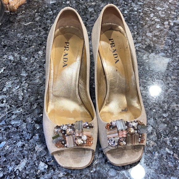 Prada beige fabric w/ jeweled open toe 3” heels - Picture 1 of 7